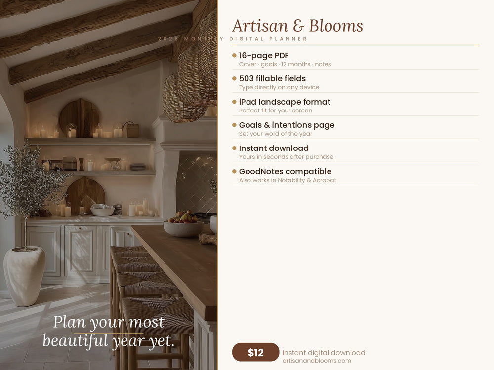 Buy farmhouse furniture Artisan & Blooms Monthly Printable & Digital iPhone iPad Planner 2026 - Modern Cottage Farmhouse Furniture